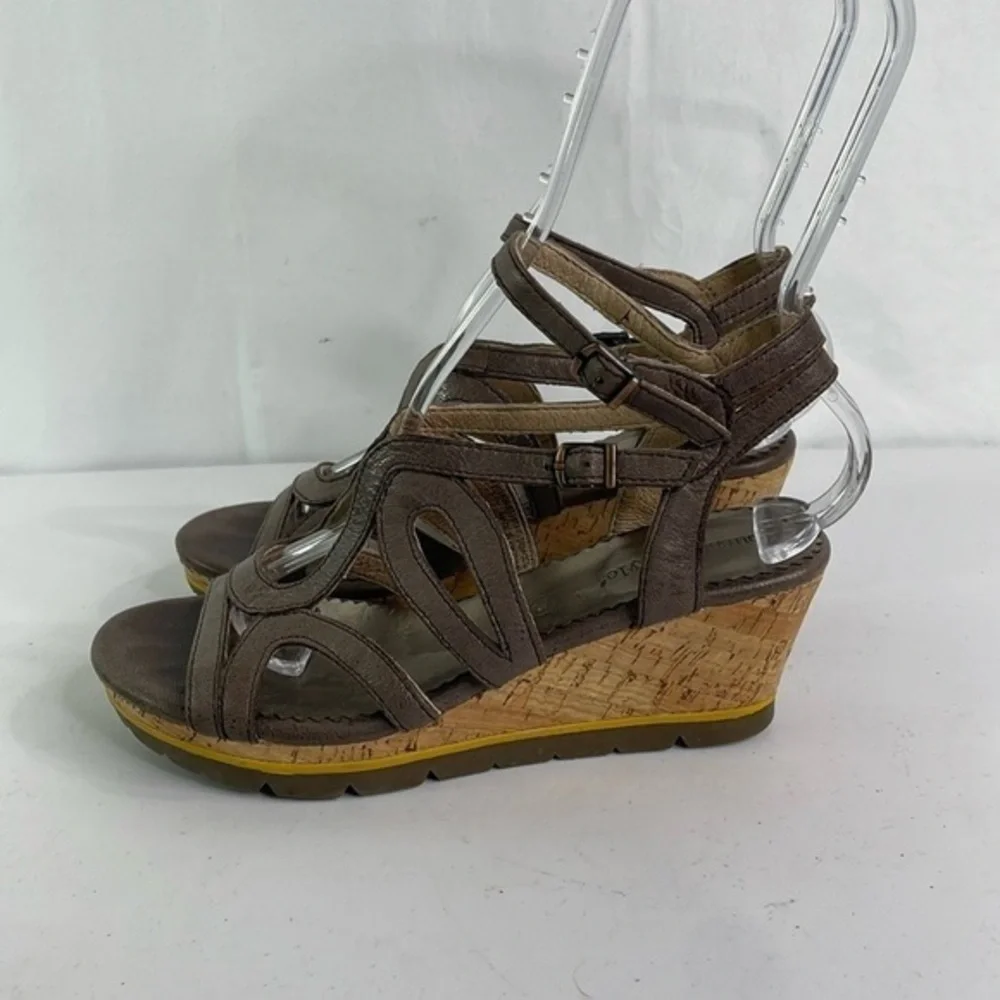Bussola style mocha leather cork heel wedge double buckle sandals Saint Tropez